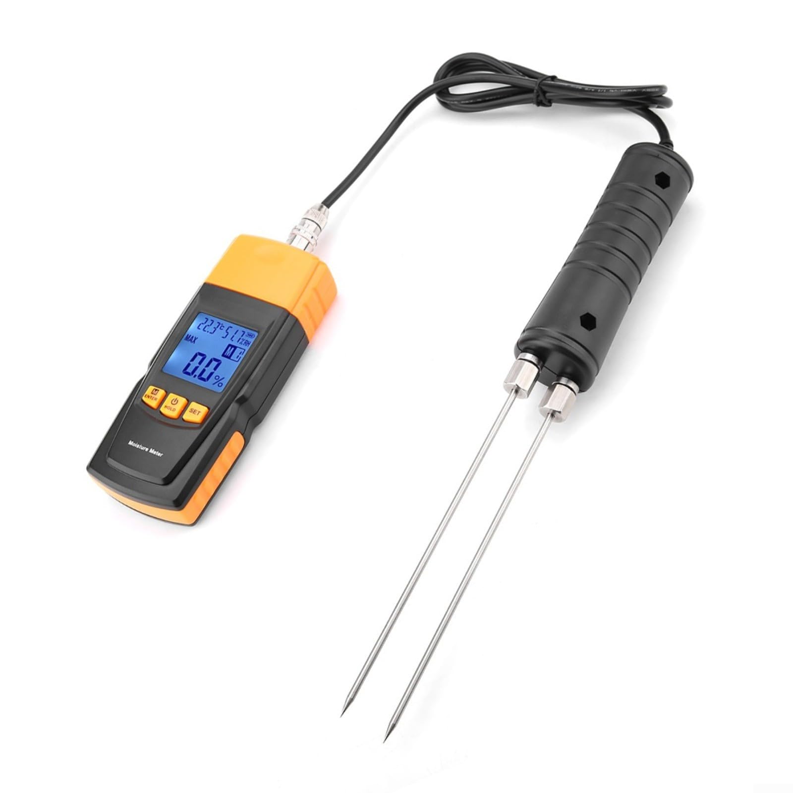 GM620 - Misuratore di umidità del legno digitale con display LCD, 4 campi di misurazione regolabili per 2-70%, tester di umidità portatile per legno, cotone e carta, tipo split con punta di prova