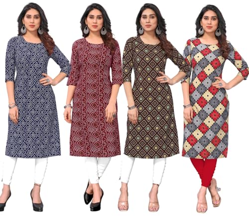 Image of JAKHANA Women's Crepe Printed Casual Straight Calf Length Round Nick Kurta Pack of 4