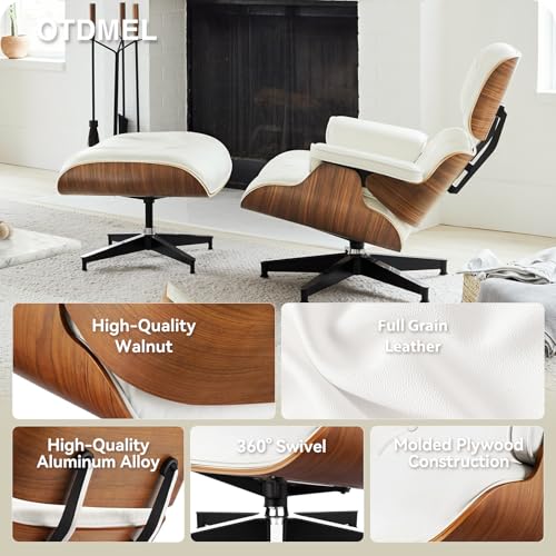 Image of Top White Grain Leather, Mid Century Chaise Lounge Chair and Ottoman, Modern Chair Classic Design, Walnut Wood, Heavy Duty Base Support for Living Room Office