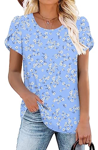 Hotgift Ladies Spring Short Sleeve Tops Crewneck Cute Casual T-Shirts Loose Chiffon Blouses Blue White Flower Large #TOP24