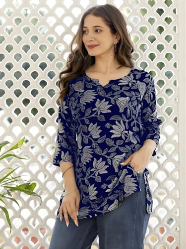 Image of Women's Cotton Printed Short Kurti, Round Neck, Three Quarter Sleeve, Straight Fit, Pack of 2
