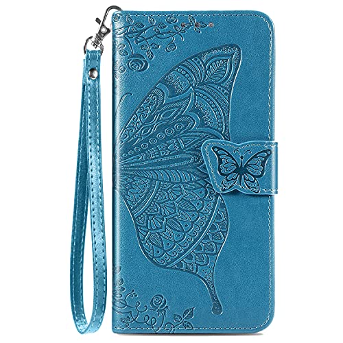 DiGPlus Galaxy A21 Wallet Case, [Butterfly & Flower Embossed] PU Leather Wallet Case Flip Protective Phone Cover with Card Slots and Kickstand for Samsung Galaxy A21 2020 Released (Blue)