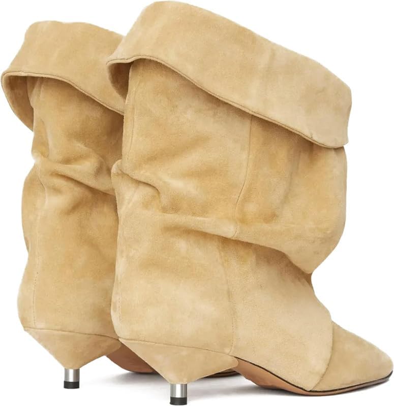 MAVMAX Slouchy Suede Ankle Boots Kitten Heel Boots Fold Over Pointed Toe Boot for Women Short Booties Causal Daily Work Winter Dress - Image 5