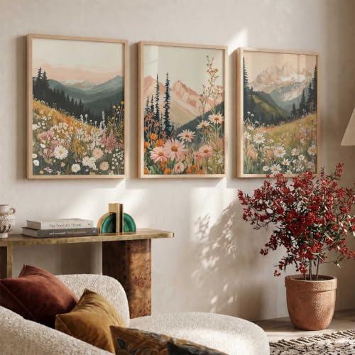 Image of kotart Big Aesthetic Mountains View Wall Art Paintings | Flowers Landscape Framed Painting | Vastu Frames for Living Room Bedroom Wall Decor Set Of 3 (14x20 Inch)