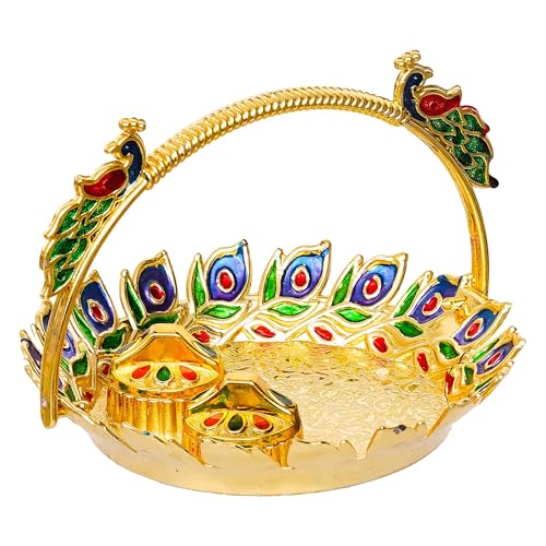 Image of eCraftIndia Peacock Decorative Pooja Thali for Diwali, Navratri, Karwa Chauth, and Puja Celebrations - Diwali Decoration Items for Home Decor