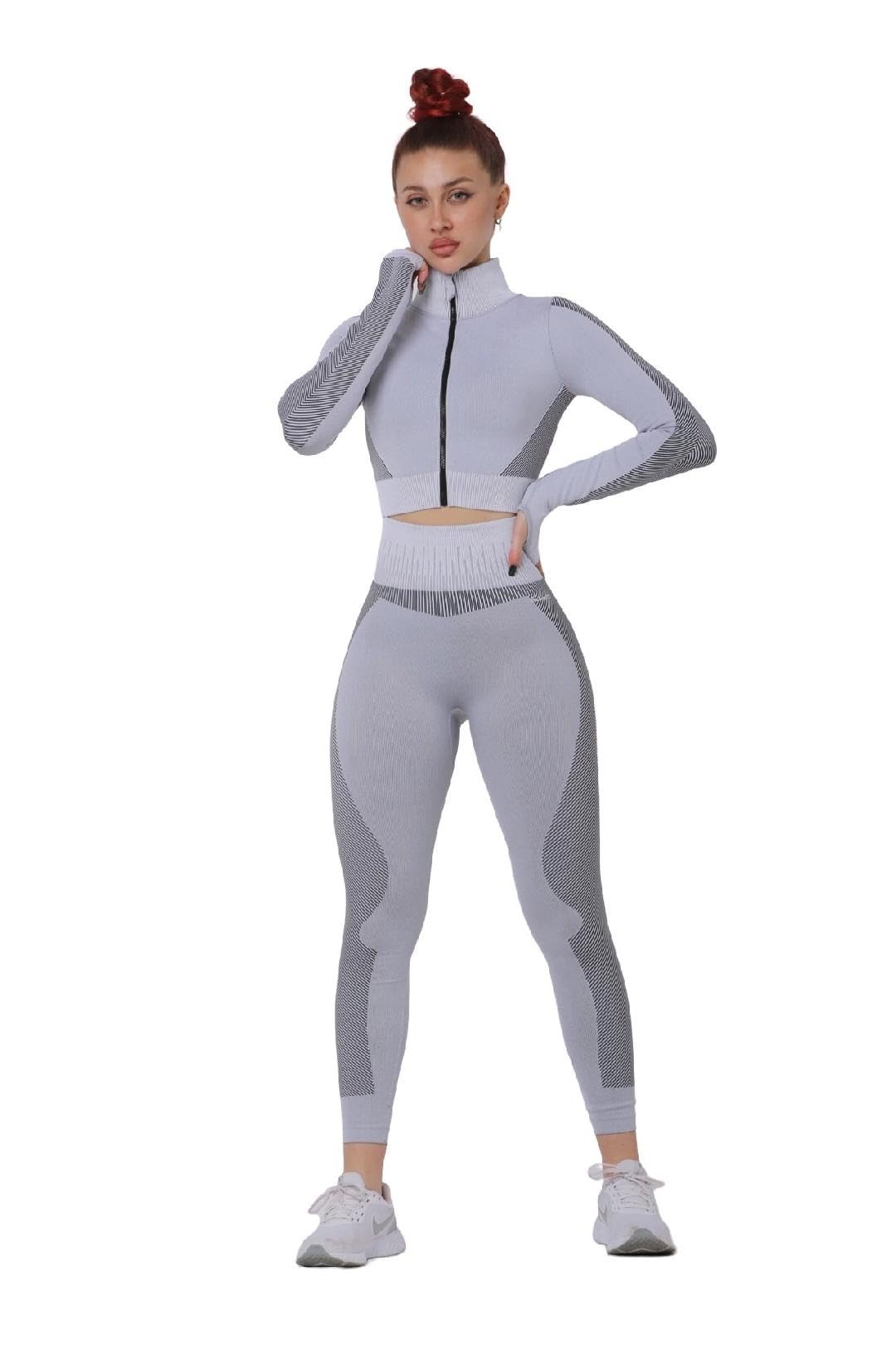 GLAMFIT Samless Women 3pcs Yoga Sets Fitness Sport Suit Long Sleeve Zipper with Sport Bra & Leggings Pants-image-33