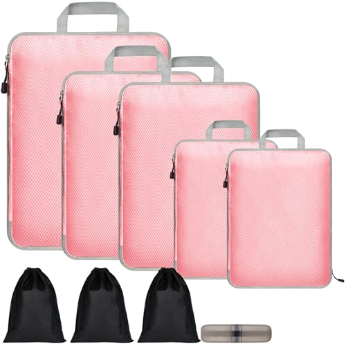 Eucomir Organizador de Equipaje 9-Set,Organizador de Maleta de Compresión Expandibles,Impermeable Organizadores de Viaje,Cubos de Embalaje,Packing Cubes,Para Viajes o Almacenamiento en Hogar, Rosa