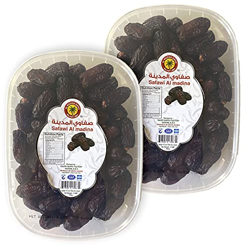 Dates | Al Madina Dates | Safawi | 907g | 2LB | Saudi dates | Vegan, Gluten-Free, Paleo, dates organic No Sugar Added, Non GMO | 100% Natural | Naturally Sweet (Pack Of 02)