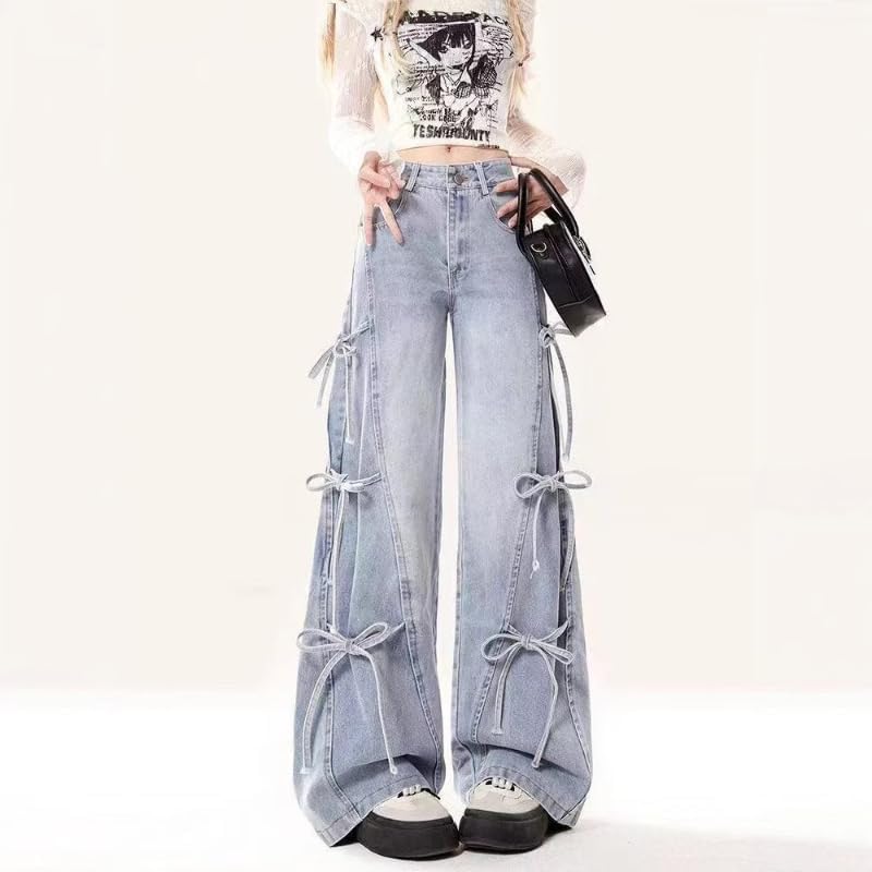 BXCNCKD Women‘s Jeans High Waist Wide Leg Flare Pants Bow Tie-Waist Detail Denim Retro Spring Summer Loose Fit Trousers - Image 2