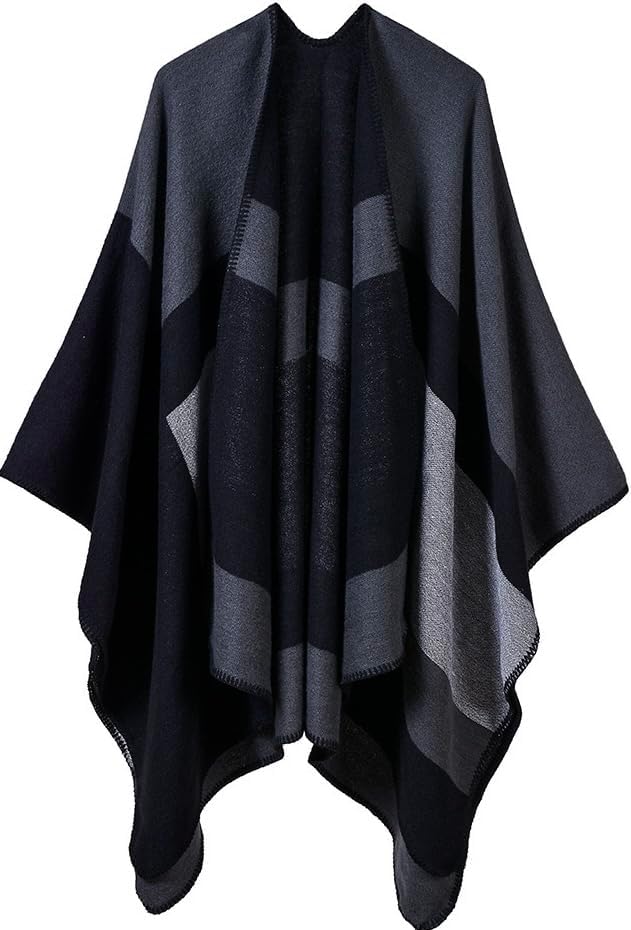 MisstyleWomen's Color Block Warm Shawl Wrap Poncho Cape Open Front Long Winter Coat