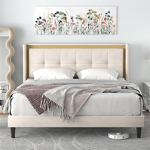 King Size Velvet Upholstered Bed Frame With Wingback Headboard, Solid Wooden Slats, Platform, Mattress Foundation, No Box Spring Needed, Easy Assembly (Beige) #TOP8