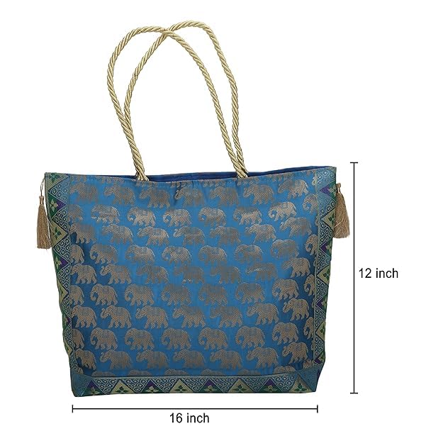 Image of Hand Purse | Traditional Hand Purse | Silk Wallet Hand Bag | Shagun HandPurse | Gifts HandBag | Golden Handle Tote Handbag | Brocade Shoulder Bag | 16 INCH