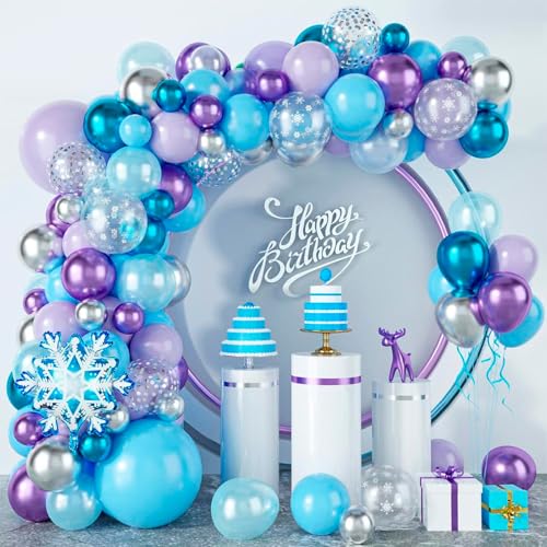TUTUXMA Snowflake Balloon Garland Arch Kit 94Pcs Frozen Birthday Party Decorations Metallic Blue Purple Silver Foil for Winter Wonderland, Christmas, Holiday, Baby Shower, Snow Princess Girl