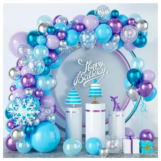 Kit de arco de guirnalda de globos de copo de nieve, 94 piezas de decoración de fiesta de cumpleaños congelada, azul metálico, morado, plateado, copo de nieve para el país de las maravillas de inviern