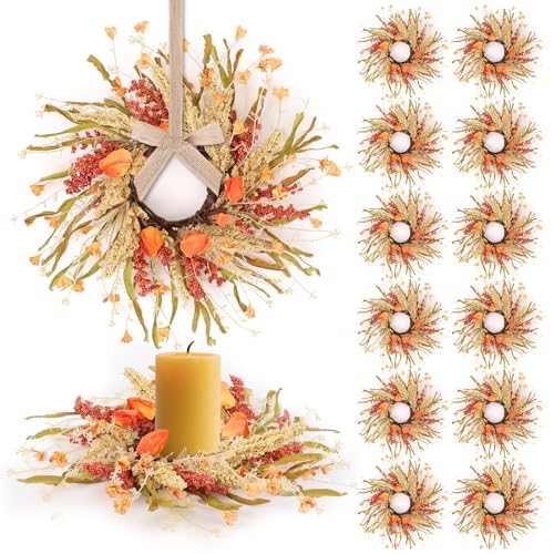 Image of 12 Pcs Fall Candle Rings 9 inch Thanksgiving Autumn Wreaths with Flowers for Tables Artificial Farmhouse Candle Rings Wreath for Front Door Porch Wall Window Decorations