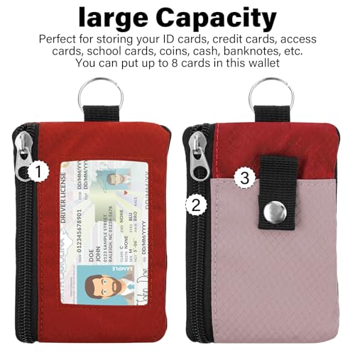 Image of Minimalist RFID Wallet with Lanyard, Multi-Functional ID Case with 2 Zipper Pockets and Key Chain for Men and Women, Tactical Badge Pouch Cards Holder, Coin Purse for Travel Sports - Red&Pink