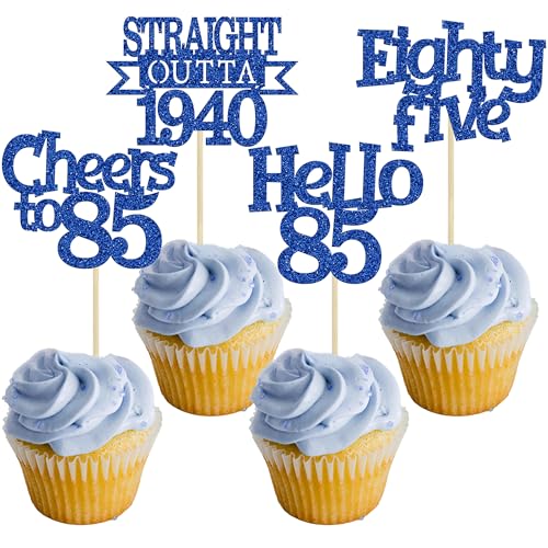 Ephlyn 24Pcs 85th Birthday Cupcake Toppers Glitter Straight Outta 1940 Cupcake Picks Hello 85 Cheers to 85 Years Cake Decorations for 85th Birthday Anniversary Party Decorations Supplies Blue