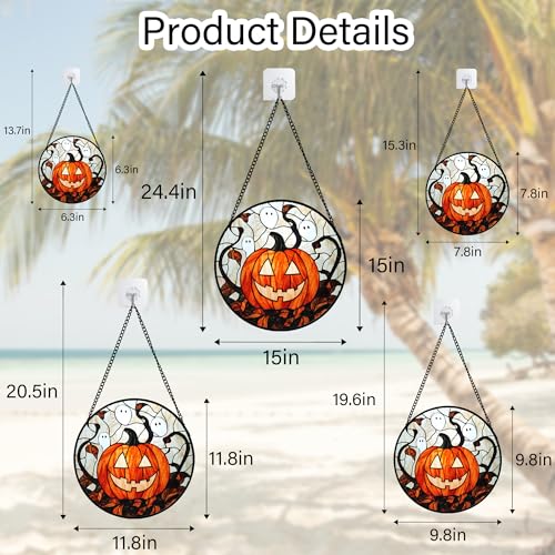 Image of Stained Glass Window Hanging - Halloween Decorations Pumpkin Ghost Suncatcher for Doors Garden Indoor Spooky Funny Orange Sun Catchers Gothic Decor Horror Gifts for Women Men Friend 9.8 in