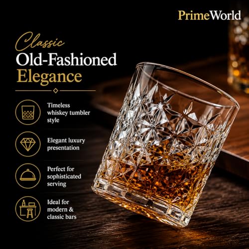 Image of PrimeWorld Diamond European Design Crystal Whiskey Glasses Set of 6 pcs- 300 ml Bar Glass for Drinking Bourbon, Whisky, Scotch, Cocktails, Cognac- Old Fashioned Cocktail Tumblers