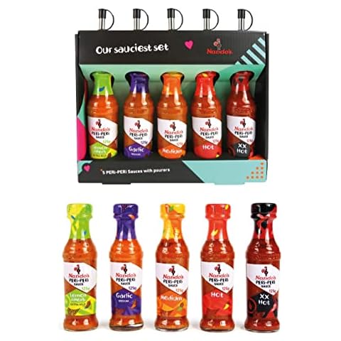 Nandos Sauce Gift Set - Nandos Gift Set with 5 Nandos Sauces with Drizzler Tops - Nandos Hot Sauce Gift Set Novelty Food Gifts for Men and Women - Chilli Gifts for Foodies - Foodie Gifts for Men Cover