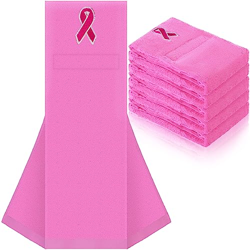 Newwiee 6 Pcs Breast Cancer Awareness Football Towel Rose Red Pink Ribbon Breast Cancer Decorations for Believe Hope Ribbon Cotton Sports Football Field Towel with Closure Football Sweat Towel (Pink)