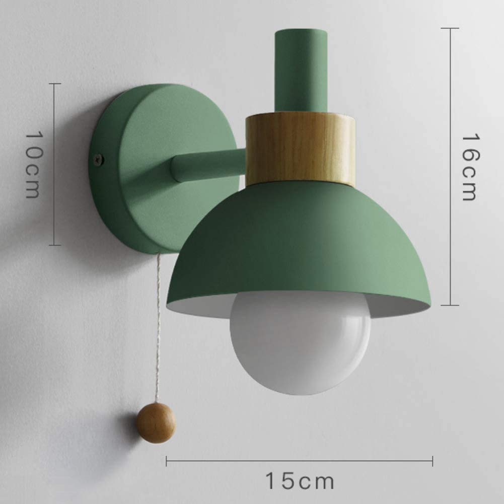 Lampa ścienna do sypialni, żelaza i drewna z przełącznikiem sznurkowym, okrągły stolik nocny, lampka do czytania, oświetlenie do sypialni i salonu.