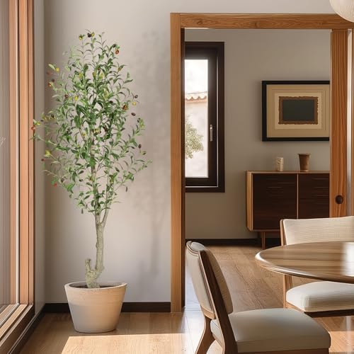 GarveeHome Faux Olive Tree 5ft, Olive Trees Artificial Indoor with White Planter, Artificial Silk Plants with Green Leaves and Big Fruits for Home Office DéCor Living Room Bedroom Stairs Foyer,2 Pack