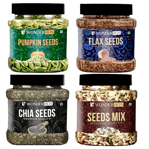 Image of WonderBox Superseed Combo - Chia, Flaxseeds - 300g each & Pumpkin, Seeds Mix - 250gm each | Combo for weight loss | Mix Seeds for Eating (JAR PACK of 4)