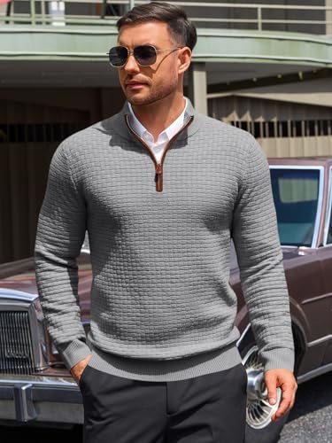 Runcati Mens Quarter Zip Pullover Sweaters Mock Neck Slim Fit Lightweight Pullover Waffle Knit Casual Polo Sweater2