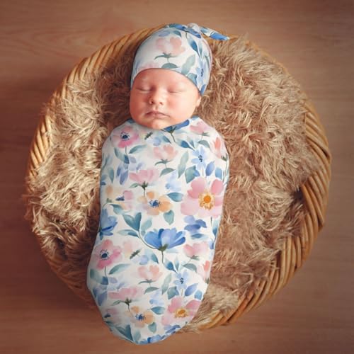 Image of Spring Watercolor Floral Swaddle Blanket with Beanie Hat Set Newborn Swaddle Wrap Soft Baby Receiving Blankets Baby Swaddle Blanket for Baby Boys and Girls