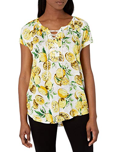 Chaps Women's Petite Short Sleeve Lace up Top, Yellow Multi, PM