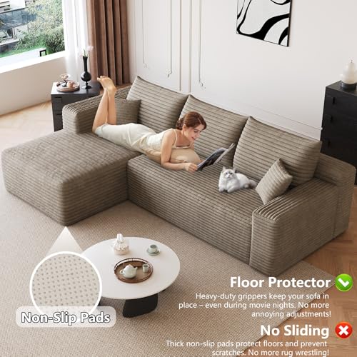 Image of 95 inch Modular Sectional Sofa, Modern Corduroy Cloud Couch with Side Pockets, Boneless Couch Upholstered 3-Seater L-Shaped Sofa for Living Room, No Assembly Required (Camel,Left-Facing Chaise)