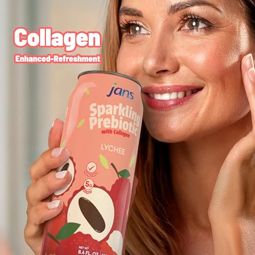 Image of Jans Sparkling Prebiotic with Collagen Soda Beverage - Lychee 8.4 Fl Oz (24-Pack) - Low Calorie, NO Added Sugar, Non-GMO Sparkling Fruit Beverage, Gut Health Support