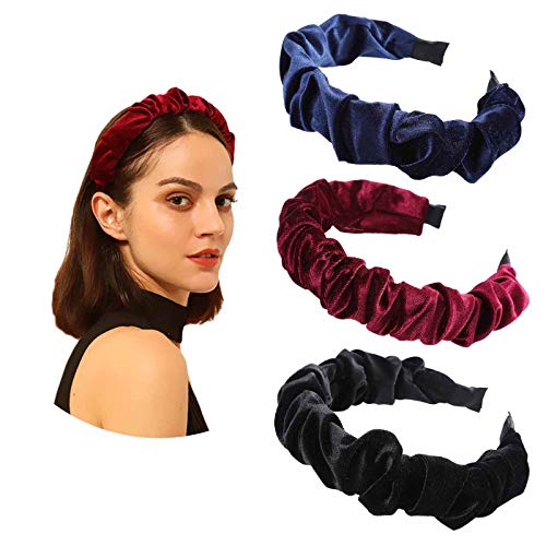 AWAYTR Velvet Ruffled Headband Spanish Vintage Style Alice Hair Band Matador Headband (navy blue+black+wine red)