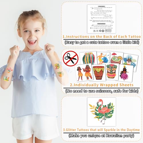 PARTYWIND 204 PCS Hawaiian Luau Glitter Tattoos for Kids Party Decorations