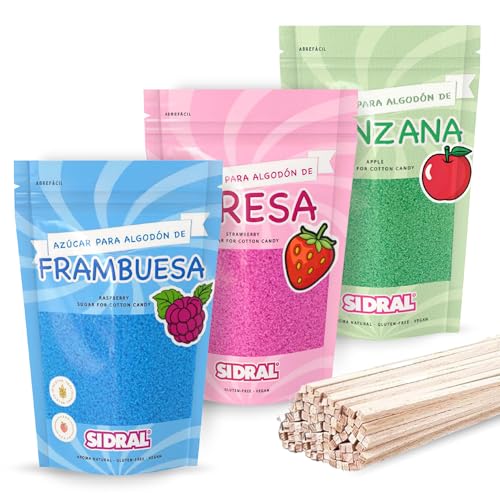 SIDRAL Azucar para Máquina Algodón (3 x 250 gr) con 50 Palitos Reciclables para Degustación - Lote de 3 Sabores (Fresa, Frambuesa y Manzana) Azúcar para Algodón de Azúcar - Ideal para Fiestas