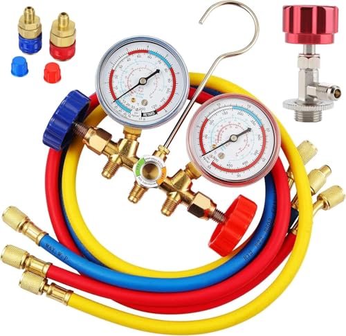 R134A Manifold Gauge Set with R134a Can Tap R134a Quick Coupler,3 Way AC Diagnostic Manifold Gauge Set for R134a R12 R22 R404a Refrigerant,Automotive AC Gauge Set with 3Ft Charging Hoses
