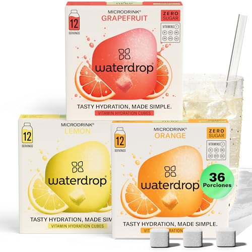 waterdrop® Mix Sabores de Frutas, 36 Pastillas Saborizantes Para Agua, Bebidas Sin Azúcar, Sabores Agua: Naranja, Limón, Pomelo, Refresco Instantaneo, Sobres