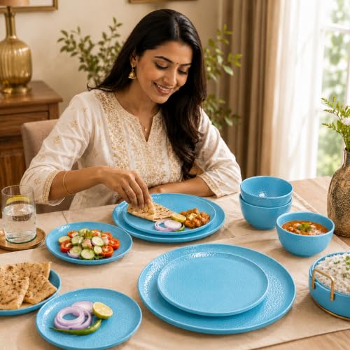 Image of Market99 Heavy-Duty Turquoise Hammered Melamine Dinner Set - 12 Pcs | Includes 4 Dinner Plates, 4 Side Plates & 4 Soup Bowls | Matte Finish Tableware for Daily Use, Kitchen & Dining Decor