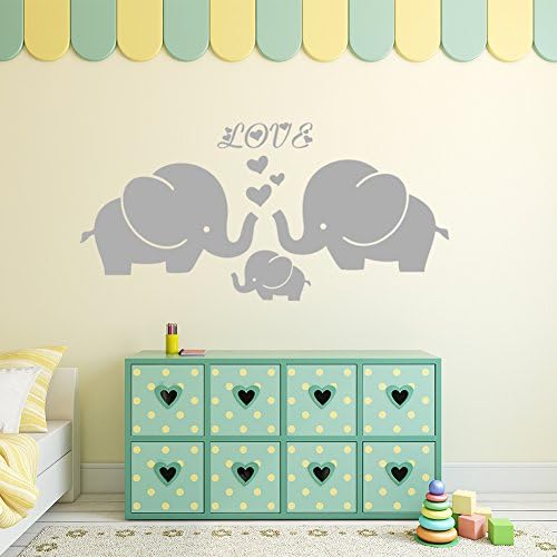 Large Cute Elephant Family with Hearts Wall Decals Baby Nursery Decor Kids Room Wall Stickers, (Large)40''W x19''H, Grey
