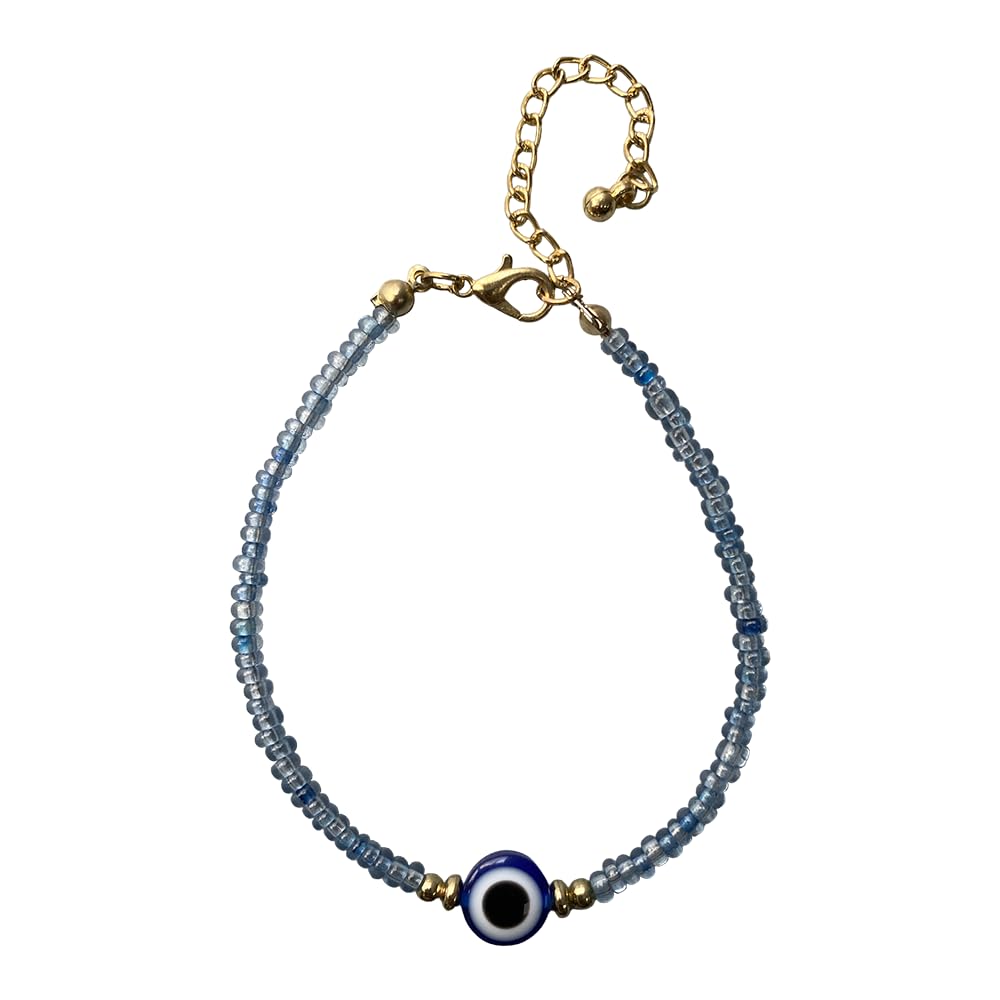 VIE Evil Eye Bracelet with 2 Gold Beads Each Side (Light Blue)