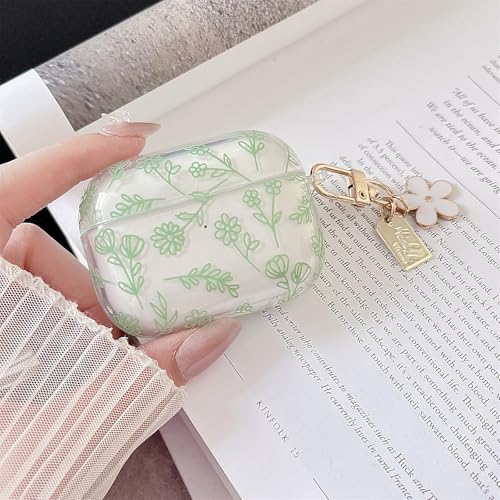 Image of MINSCOSE Compatible with AirPods Pro2 Clear Case,Cute Flower Floral Aesthetic Design with Flowers Keychain, Soft TPU Protective Shockproof Case for Women Girl for Airpods Pro2-Green