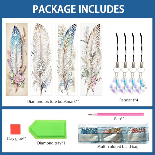 Image of 4-Piece 5D Diamond Painting Bookmarks Set, DIY Craft Kit with Rhinestones - Elegant Vintage Style Feather Design, Perfect for Book Lovers Adults, Unique Diamond Art Craft Bookmarks with Tassels