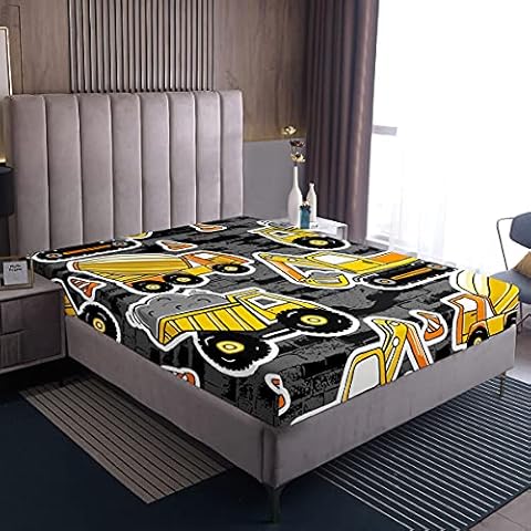 Loussiesd Kinder Jungen Spannbetttuch 90x200cm Karikatur Bagger Spannbettlaken Dunkelgraues Gelb Baustelle Wagen Auto Bettlaken Cover