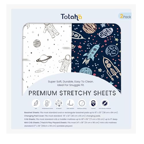 Image of TotAha Premium Soft Space Pack n Play Sheets, Super Stretchy Jersey Knit Mini Crib Sheets Fitted, Silky Comfort Graco Pack and Play Mattress Sheets, 2 Pack
