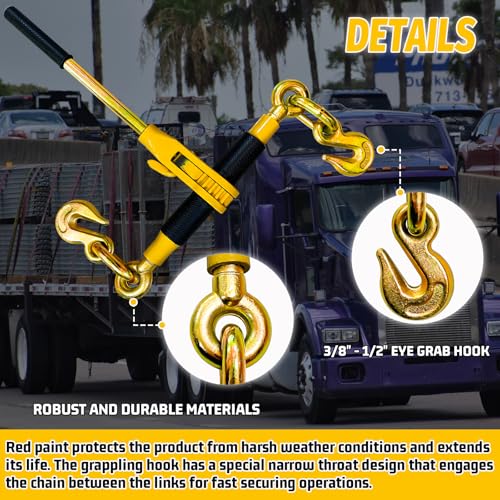 Ratchet Chain Binders 3/8" - 1/2" (2 Pack) | Adjustable Load Binder with 2 Grab Hooks for G70 Transport Chain | 9,200 Lbs Safe Working Load
