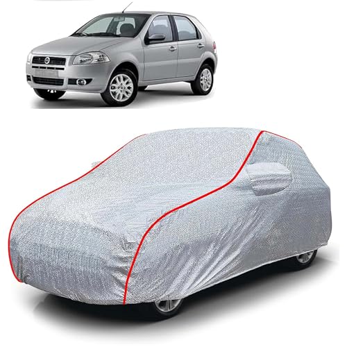 Image of Sulfar 100% Waterproof Car Body Cover Compatible with Mirror for Fiat Palio (Triple Stitched, Full Bottom Elastic, Magic Silver with Red Piping)