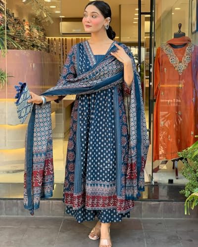 Image of KLOSIA Women Rayon Printed Flared Anarkali Kurta And Pant With Dupatta Set