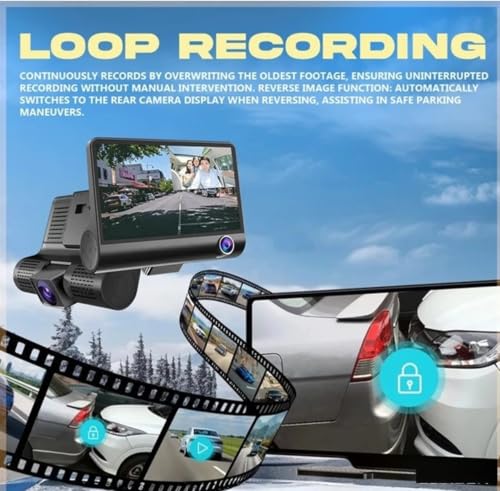 Image of 3 Channel Car Dash Camera Front Rear Inside, Full HD 1080P Car DVR with 4.2 Inch Display, Loop Recording, Reverse Camera Display, Wide Angle Vehicle Video Recorder Dash Cam