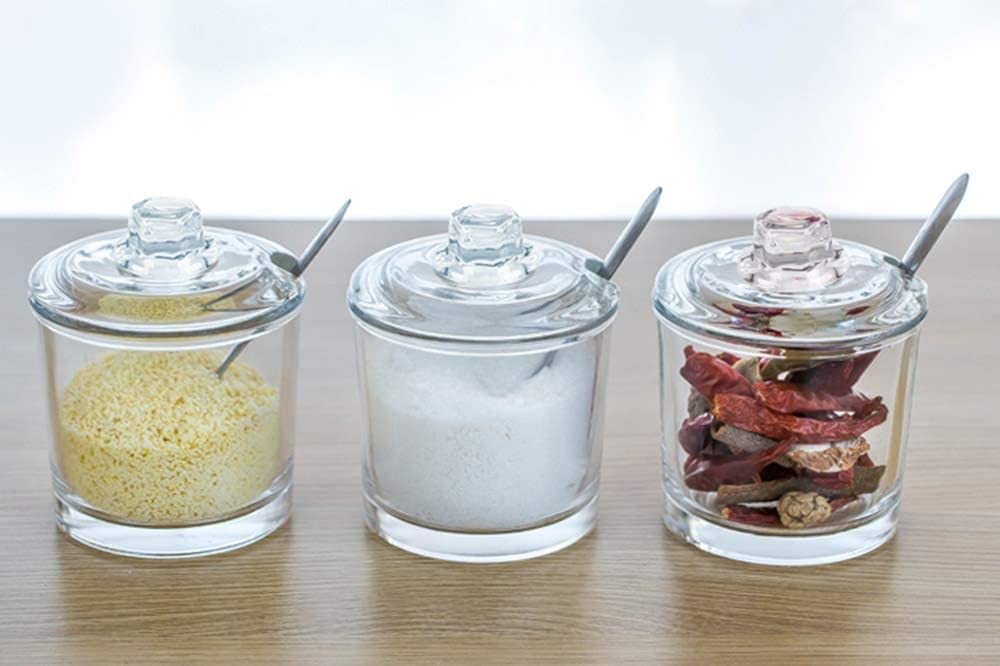 Zuckerdose aus Glas, Gewürzdose, Gewürztöpfe mit Deckel, Löffel